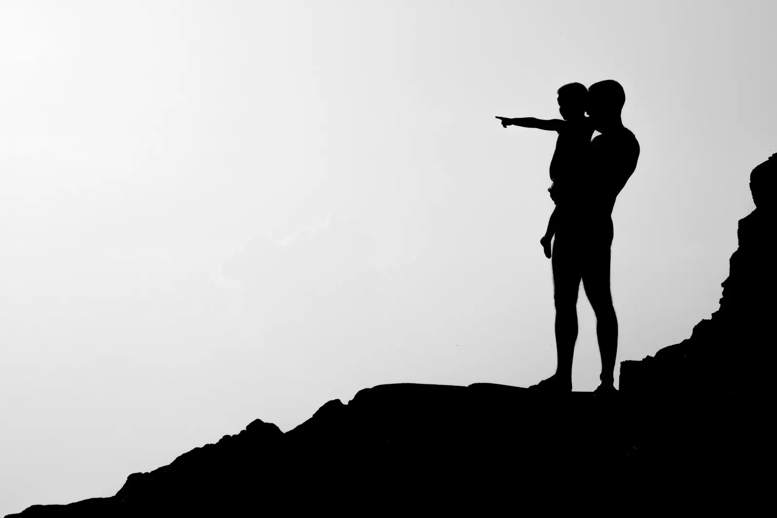 Silhouette of a dad holding his son, who is pointing towards the horizon